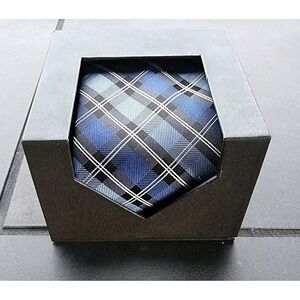 NWT Croft & Barrow Traditional Mens Blue London Grid Stripe Neck Tie Black White